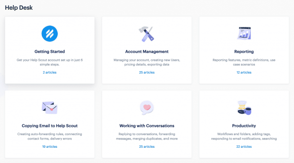 La documentazione di HelpScout è organizzata in una griglia di argomenti