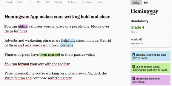 Homepage di Hemingway App e il suo motto Hemingway App makes your writing bold and clear.