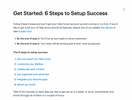 La pagina "Get Started" della documentazione di HelpScout