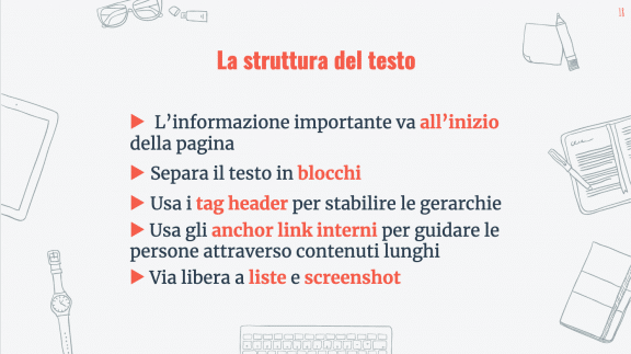 Slide intitolata "La struttura del testo" con i 5 principi per strutturare correttamente il testo della documentazione (continua a leggere per la spiegazione).