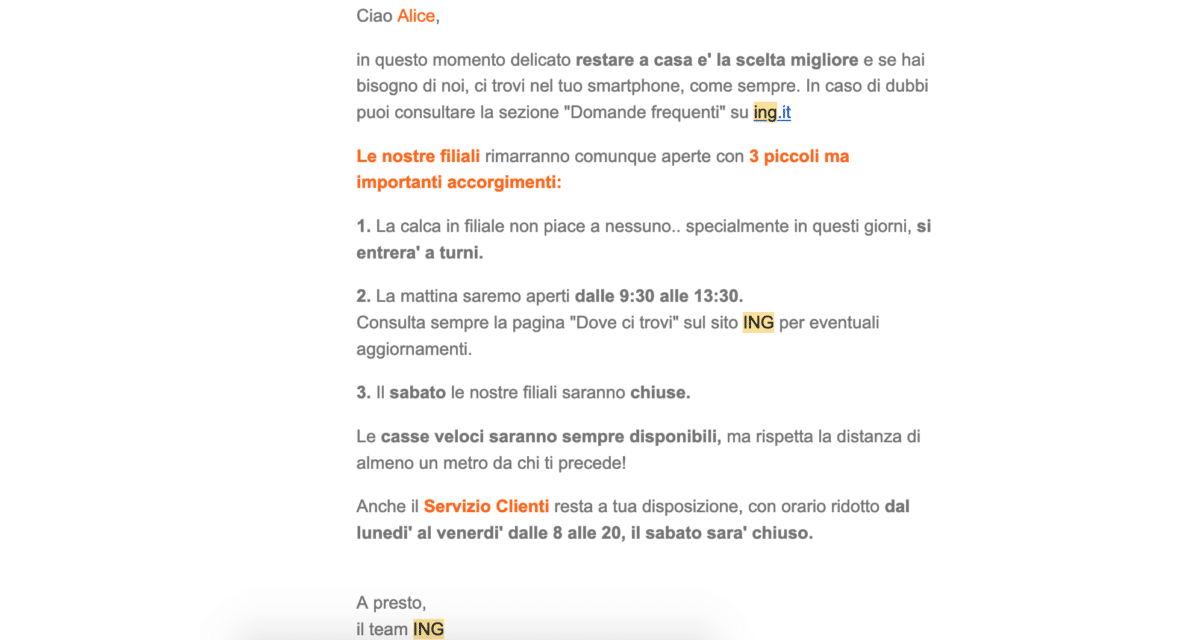 Il messaggio dell'email contiene degli accorgimenti da seguire per recarsi in filiale.