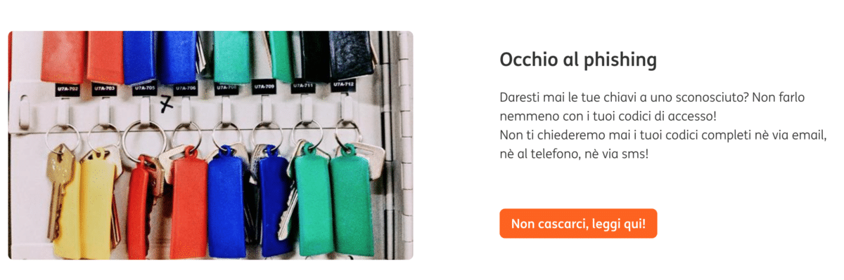 Dal sito di ING Direct, sezione "Occhio al phishing" con l'illustrazione di tante chiavi colorate appese alla parete.