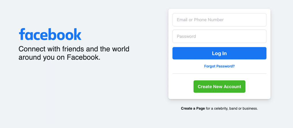 Homepage di Facebook in inglese: "Connect with friends and the world around you on Facebook."