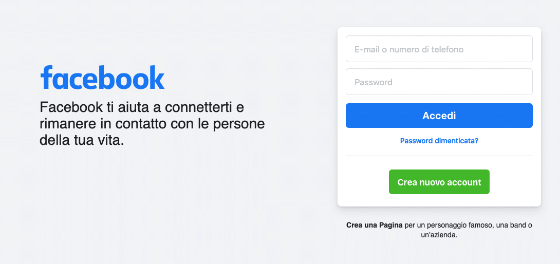 Homepage di Facebook in italiano: "Facebook ti aiuta a connetterti e rimanere in contatto con le persone della tua vita."