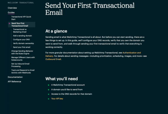 Una pagina della documentazione di Mailchimp Developer "Send Your First Transactional Email"