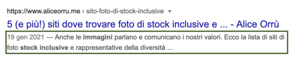 Tag description di un articolo del mio blog sulla SERP di Google: "Anche le immagini parlano e comunicano i nostri valori. Ecco la lista di siti di foto stock inclusive"