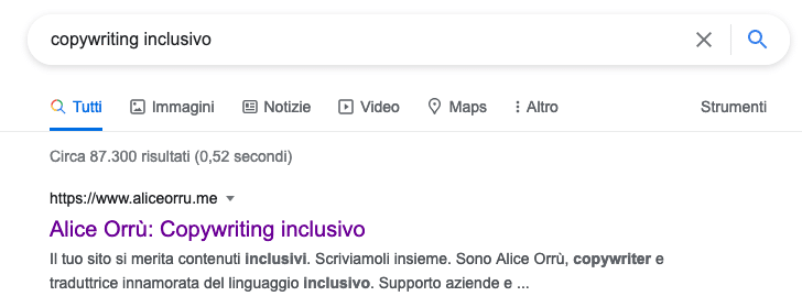 La SERP di Google mostra il mio sito web come primo resultato per la parola chiave "copywriting inclusivo"