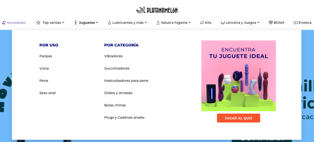 Il sottomenu Juguetes del sito di Platanomelón: le due colonne sono "por uso" e "por categoría". 