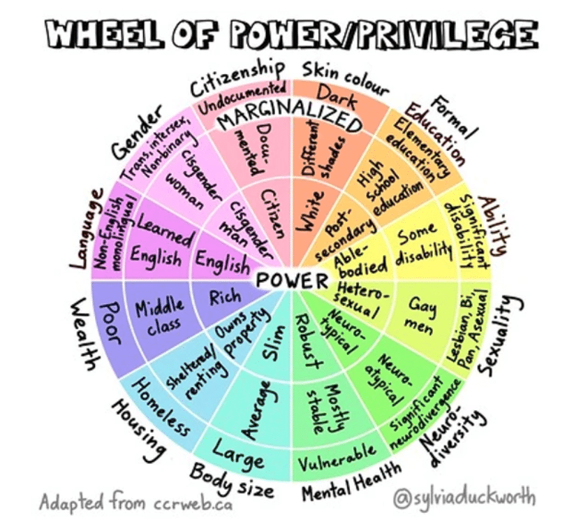 La ruota è divisa in 12 spicchi, ognuno etichettato con una macrocategoria identitaria. Ogni spicchio è diviso in tre parti ed etichettato con un aggettivo o un nome. Al centro della ruota c'è la parola "potere" mentre nella parte più esterna c'è la parola "emarginazione”.  Le categorie sono: - Corporatura, con grandi dimensioni ai margini e magrezza al centro;  - Salute mentale, con vulnerabile ai margini e solida al centro; - Neurodiversità, con neurodivergenza significativa ai margini e neurotipicità al centro;  - Sessualità, con lesbiche, bisex, pan e asessuali ai margini ed eterosessuali al centro; - Abilità con disabilità significativa ai margini, e abile al centro;  - Istruzione, con istruzione elementare ai margini e istruzione post-secondaria al centro; - Colore della pelle: scuro ai margini e bianco al centro; - Cittadinanza, con senza documenti ai margini e cittadinanza al centro; - Genere: trans, intersessuali e non binari ai margini e cisgender al centro; - Lingua: monolingue non inglese ai margini e inglese al centro; - Benessere economico, con povertà ai margini e ricchezza al centro; - Abitazione, con senzatetto ai margini e proprietari di immobili al centro.