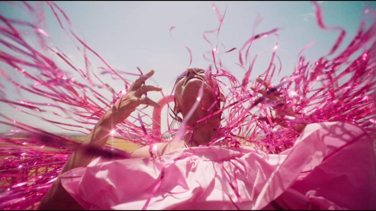 Una persona, di cui si vede solo il viso rivolto verso l'alto e un braccio, è avvolta in un ampio abito rosa che gli svolazza intorno. Sullo sfondo l'azzurro del cielo.