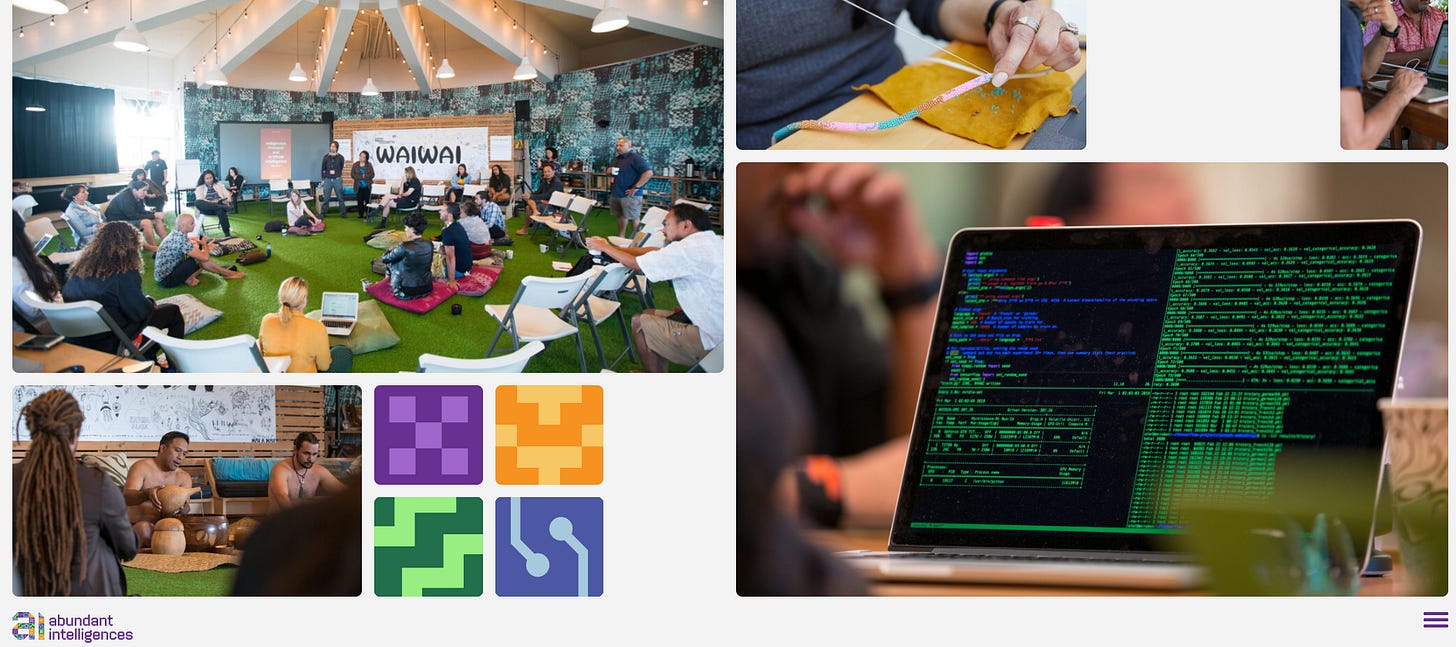 La homepage del sito di Abundant Intelligences include bellissime foto degli incontri delle persone parte del progetto, tra cui persone indigene che mostrano alcune loro tradizioni.