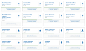 La lunga lista con le sedici varianti di spagnolo del progetto di localizzazione WordPress. La comunità spagnola e quella messicana sono le più numerose in termini di persone attive nella localizzazione.